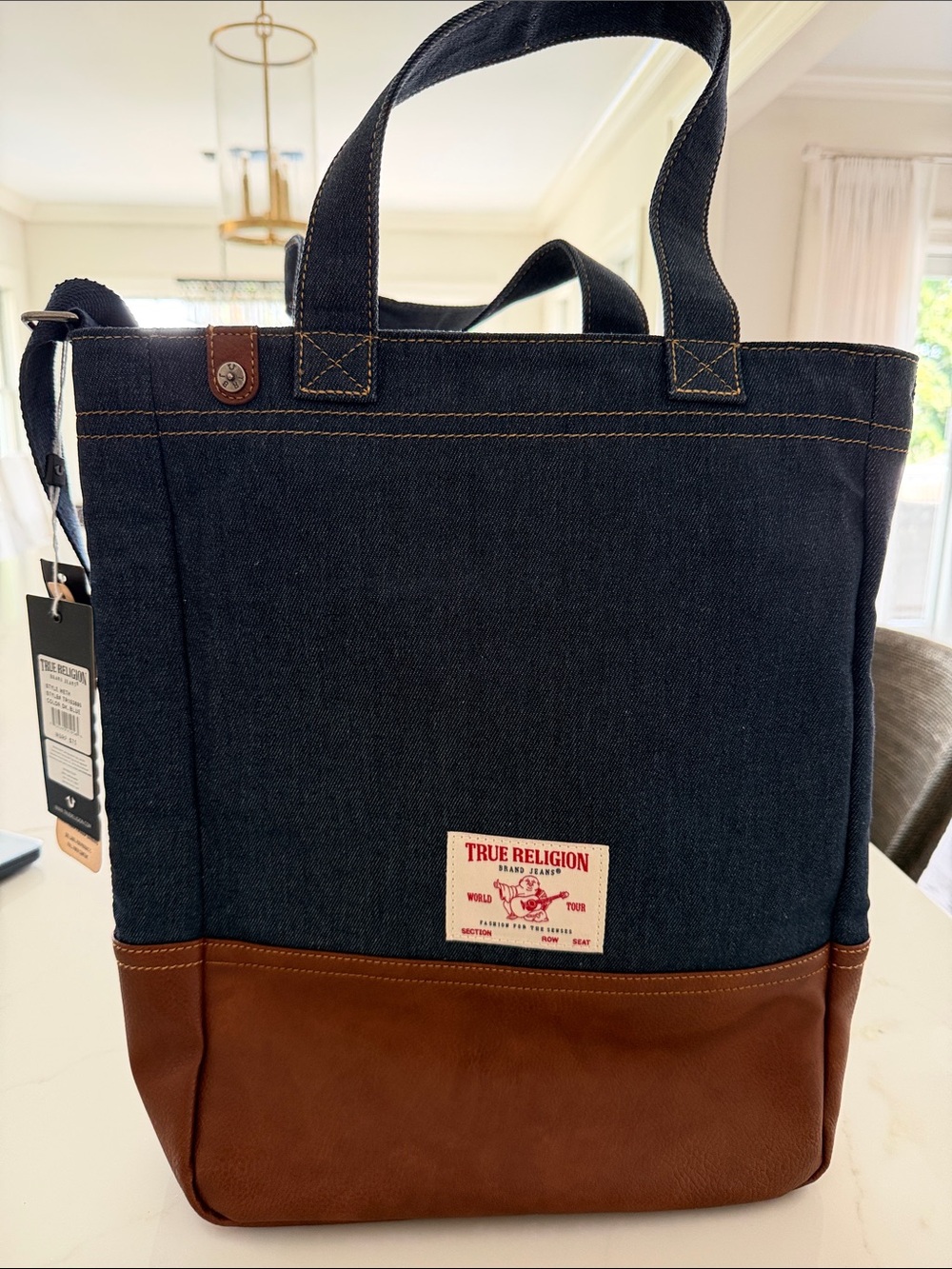 True Religion Navy Denim and Brown Leather Messenger Tote